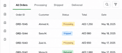 Order screen operational system mockup